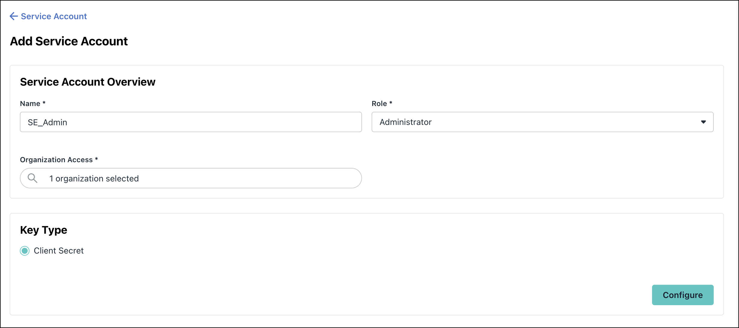 A screenshot showing the Organization Access selection for a service account.